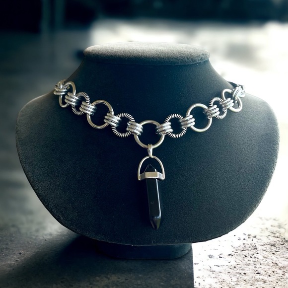 Handmade maille stainless steel cuban chain necklace + black obsidian bullet - Picture 3 of 13